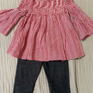 Red Gingham Off-Shoulder Top with Leggings, size 5